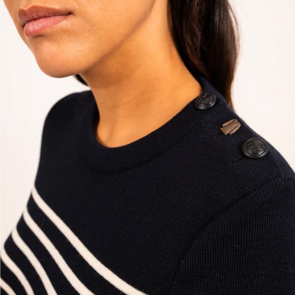 NWOT Saint James Bregancon Jacquard striped navy ivory wool sweater elbow patch - Picture 4 of 12